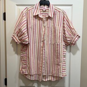 So ME Striped Button Down Shirt - Red Pink and Cream